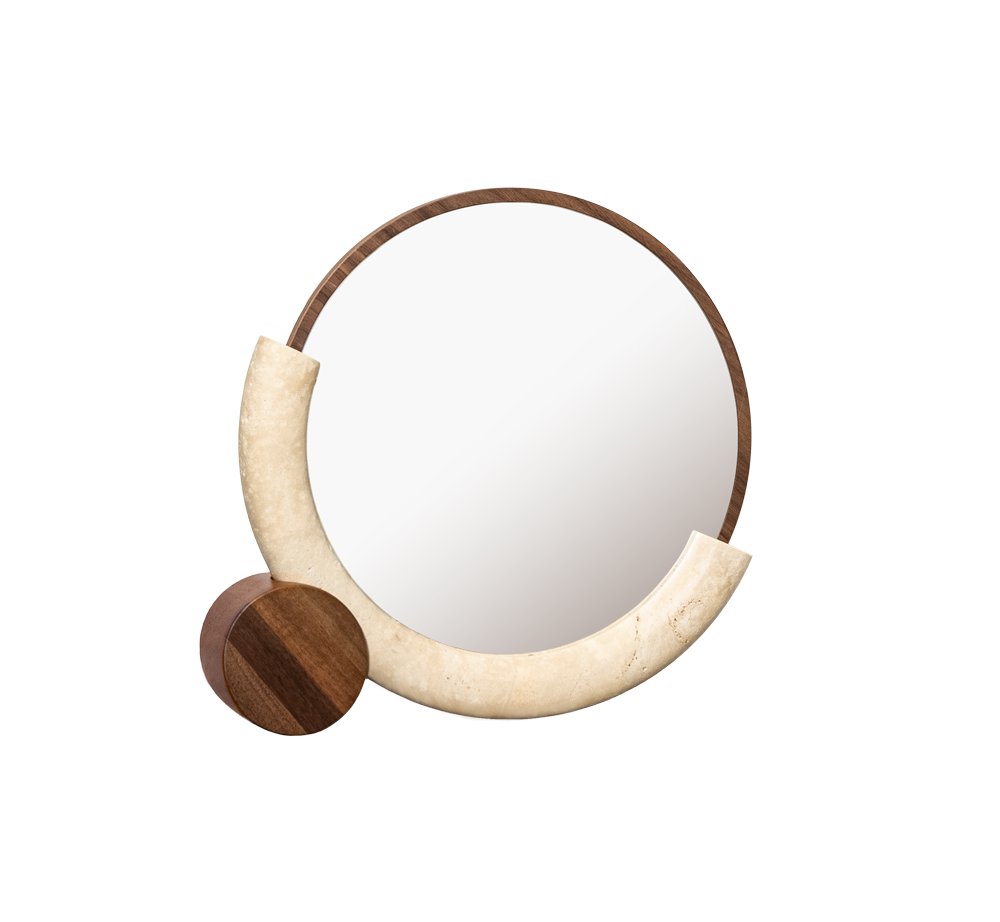 Frame in wood veneer with a mirror, tube in marble, and circular base in solid wood.