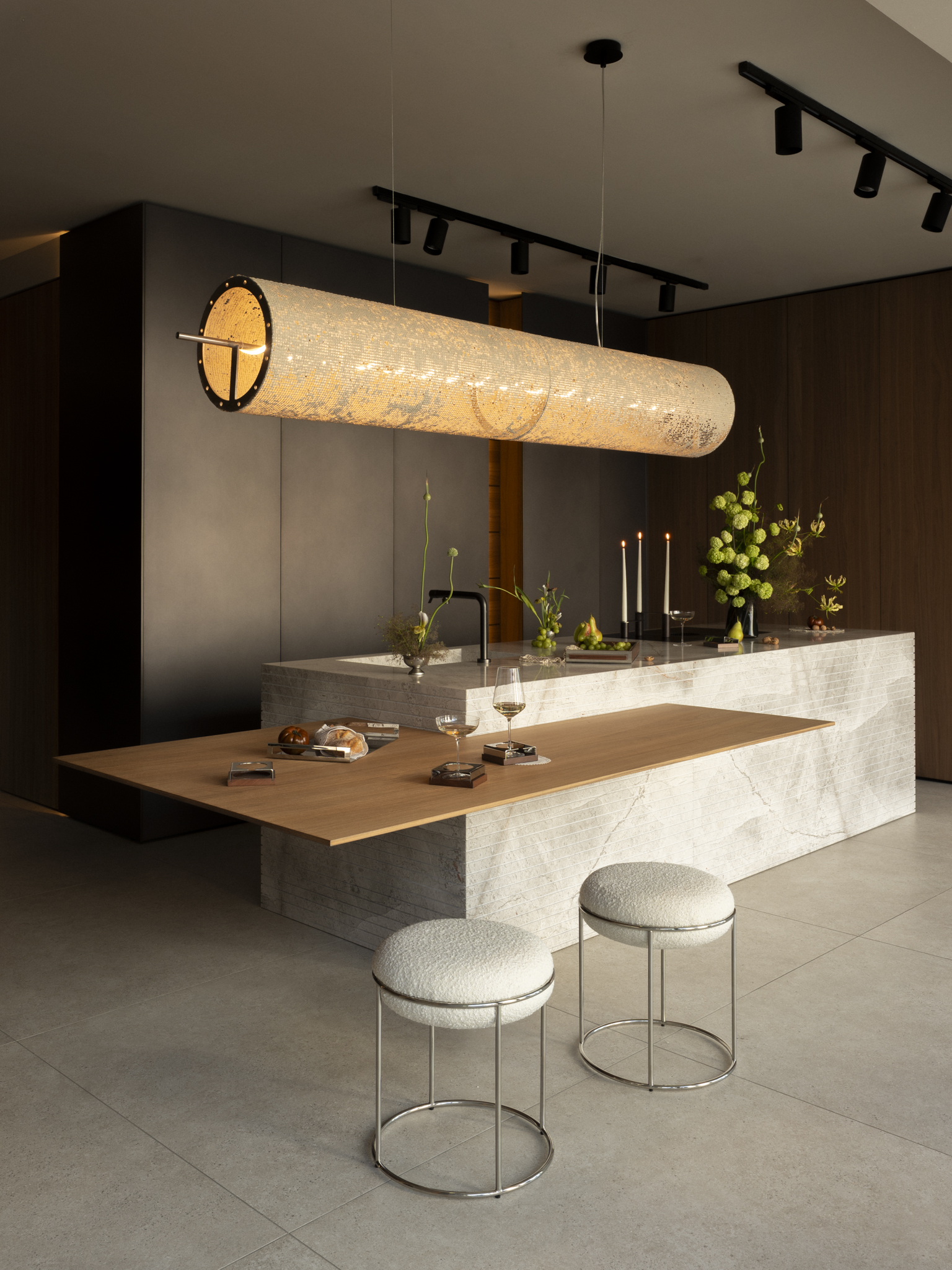 Modern Living Room Composition: Leather Sofa, Artisan Candle Holders, and Steel Pendant Table Lamp, Season 2023 Shoot For Mooza Visual Communication by SD=F